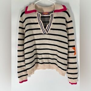 THML V-Neck Striped Sweater with Pink and Orange Accents